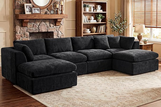 GRUSIGN 141'' Oversized Boneless Cloud Couch for Living Room, Modern Big Sectional Compressed U Shape Couch with 2 Ottoman, Comfy Chenille Deep Seat Memory Foam Spineless 6 Seater Sofa,Black