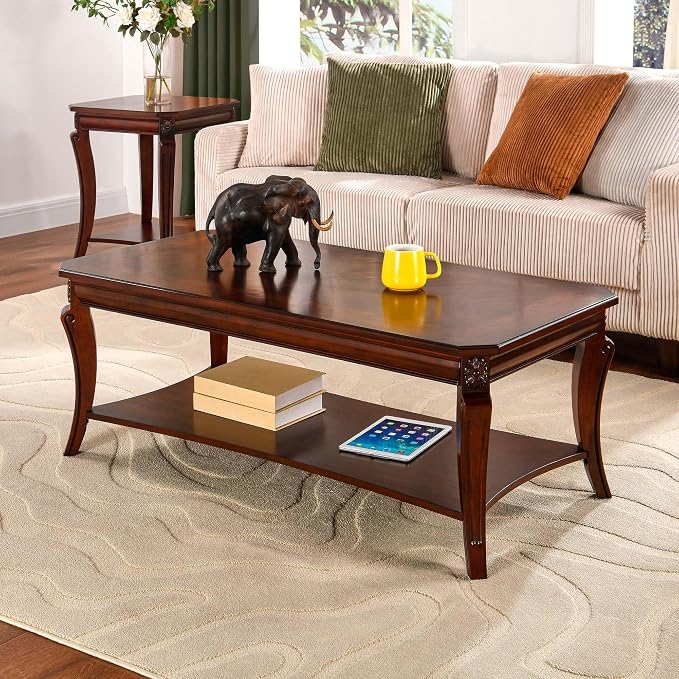 Rectangle Coffee Table for Living Room, Solid Wood Coffee Table with Storage Shelf, Traditional Distressed Farmhouse Style with Shelf, Solid Hardwood Rustic Center Table for Living Room, Cherry 1168WD