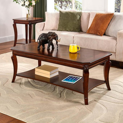 Rectangle Coffee Table for Living Room, Solid Wood Coffee Table with Storage Shelf, Traditional Distressed Farmhouse Style with Shelf, Solid Hardwood Rustic Center Table for Living Room, Cherry 1168WD
