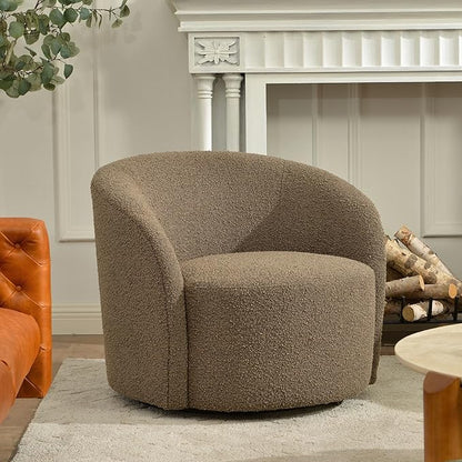 KINWELL 34" W Mid Century Modern Swivel Barrel Chair, Round Upholstered Boucle Swivel Accent Chairs, No Assembly Sofa Chair for Living Room Bedroom Reading Apartment Lounge Nursery(Teddy Brown)