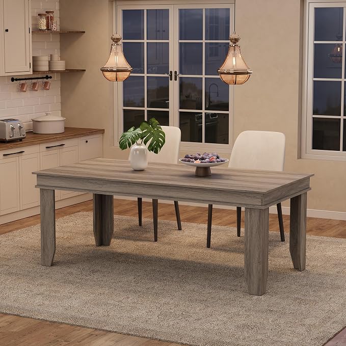 GarveeHome Farmhouse Dining Table for 6-8 People, 71 in Long Kitchen Tables with Wooden Sturdy Frame, 6 ft Large Rectangular Dinner Table for Dining Room, Kitchen, Grey Walnut, 71" Non-extendable