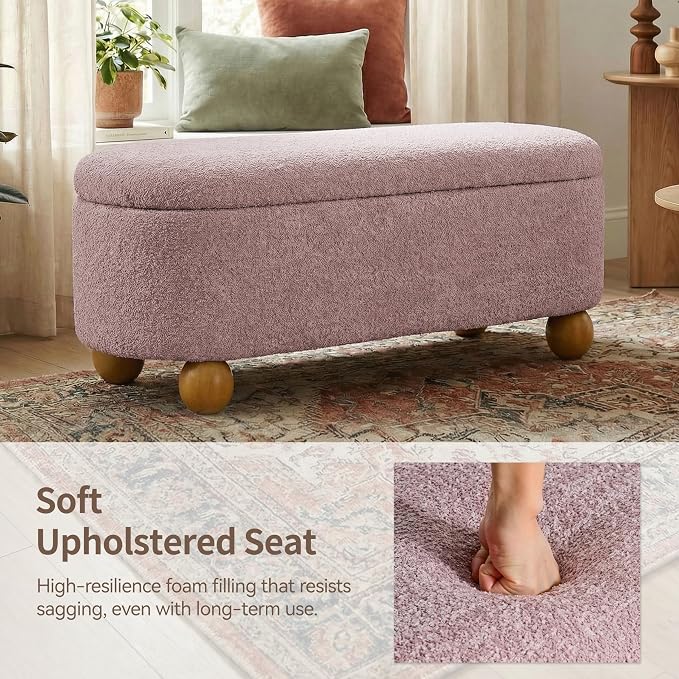 VKNOW 44.8" Storage Ottoman Bench End of Bed Bench, Thickened Upholstered Blanket Chest for Living Room, Entryway Bench with Cute Spherical Solid Wood Stool Legs for Bedroom, Pink
