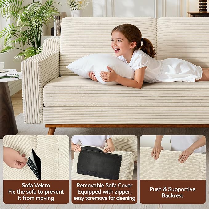 Vipbear 65.4" Loveseat Sofa,Mid-Century Modern Small Couches for Living Room, Bedroom, Office,Comfy Beige Corduroy Couch with Spring Cushion, Solid Wood Frame, Tool-Free Assembly