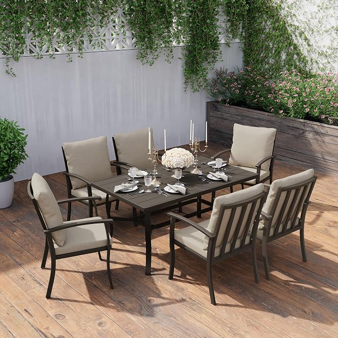 HAPPATIO 7 Piece Patio Dining Set, Aluminum Outdoor Dining Set for 6, Aluminum Dining Table and Chairs Set, Patio Furniture with Table, Chairs and Washable Cushions (Black)