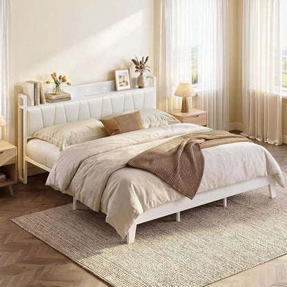 LIKIMIO King Bed Frames, PU Leather Storage Headboard with Charging Station, Solid and Stable, Noise Free, No Box Spring Needed, Easy Assembly, White