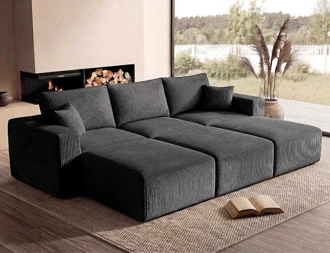 Modular Sectional Sofa Bed with Chaise, 115" Memory Foam Cloud Couch, Boneless Corduroy Upholstered Floor Couch, No Assembly Required Living Room Furniture for Apartment Home, Black