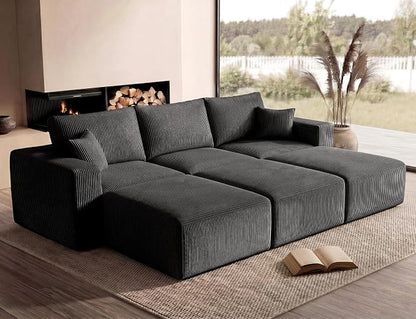 Modular Sectional Sofa Bed with Chaise, 115" Memory Foam Cloud Couch, Boneless Corduroy Upholstered Floor Couch, No Assembly Required Living Room Furniture for Apartment Home, Black