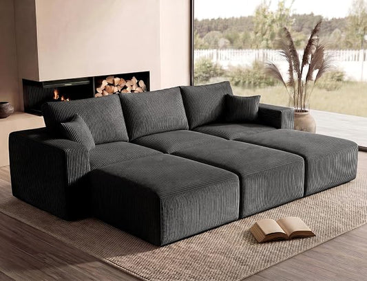Modular Sectional Sofa Bed with Chaise, 115" Memory Foam Cloud Couch, Boneless Corduroy Upholstered Floor Couch, No Assembly Required Living Room Furniture for Apartment Home, Black