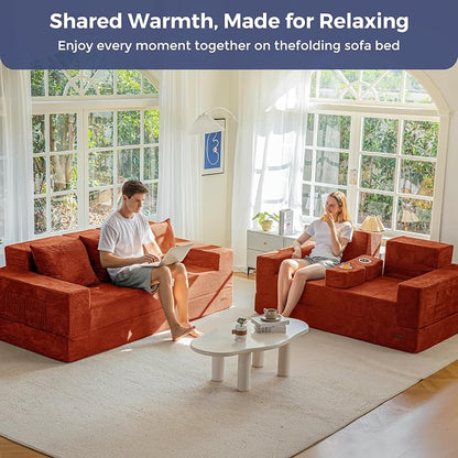 MAXYOYO Loveseat Sofa Bed, 64" Foldable Floor Sofa Couch in A Box with 2 Cup Holders, 4 in 1 Convertible Boneless Couch Folding Recliner Chair for Living Room, No Assembly Required, Orange