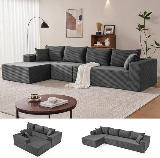 Mangodan 140” Cloud Sectional Couch, Modular Sectional Sofa with Deep Seat, Boneless Sofa for Living Room, Fluffy Comfy L-Shaped Couch with Left Facing Chaise, No Assembly Required, Grey