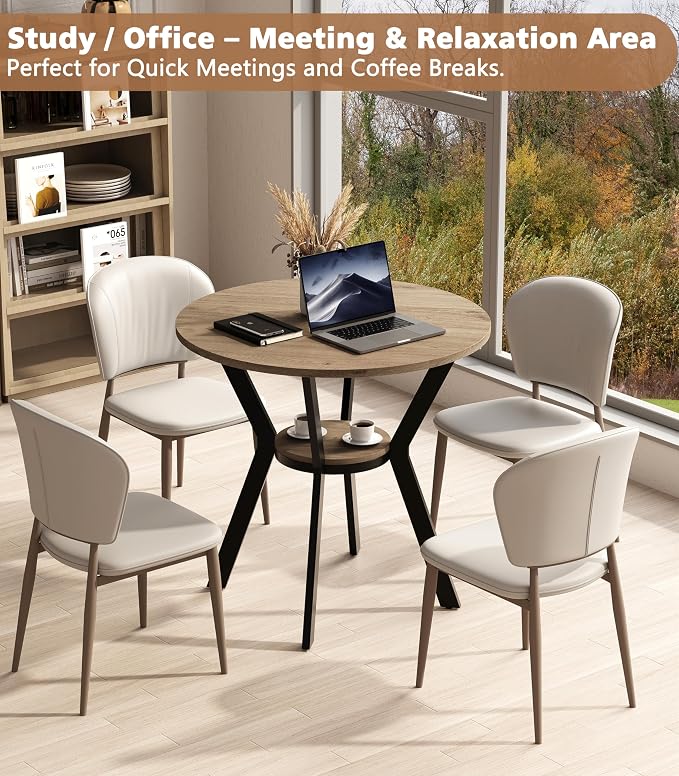 MECHYIN Round Dining Table, 31.5" Small Kitchen Table with Storage, Space Saving Dining Table, Rustic Wood Table with Metal Legs for Apartment, Dining Room & Kitchen Nook