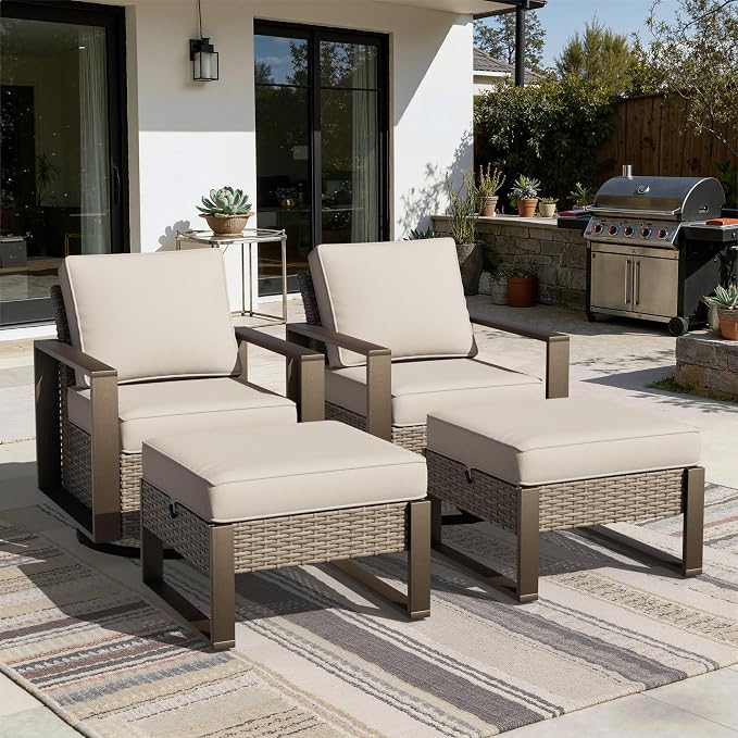 Joyside Outdoor Patio Swivel Rocker Chairs, 4 Pieces Wicker Furniture Set, 2 Swivel Rocking Chairs and 2 Ottoman, Metal Wide Armrest, Thick Cushions and Deep Seating for Garden, Backyard, Porch, Deck