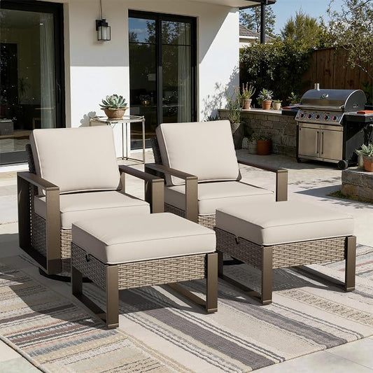 Joyside Outdoor Patio Swivel Rocker Chairs, 4 Pieces Wicker Furniture Set, 2 Swivel Rocking Chairs and 2 Ottoman, Metal Wide Armrest, Thick Cushions and Deep Seating for Garden, Backyard, Porch, Deck