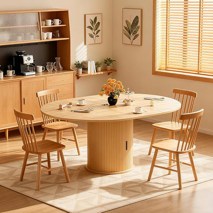 Wildhome Extendable Round Dining Table for 2-4-6, 59 Inch Dining Room Kitchen Table with 2-Tier Storage Shelf, Modern Farmhouse Fluted Wood Slide Door Dinner Furniture,Oval Circle,Oak