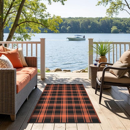GENIMO Waterproof Outdoor Rug for Patio Clearance, 3'x5' Reversible Plastic Straw Rugs, Lightweight RV Camping Mat for Camper, Balcony, Deck, Backyard, Picnic, Black Orange Plaid