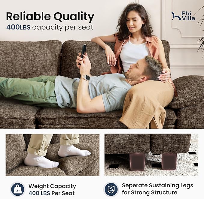 PHI VILLA Cloud Modular Couch Sets, 157.5" Oversized Sectional Sofa with L-Shaped Chaise, 5-Seater Upholstered Couches with Movable Ottoman for Living Room, Chenille Grayish Brown
