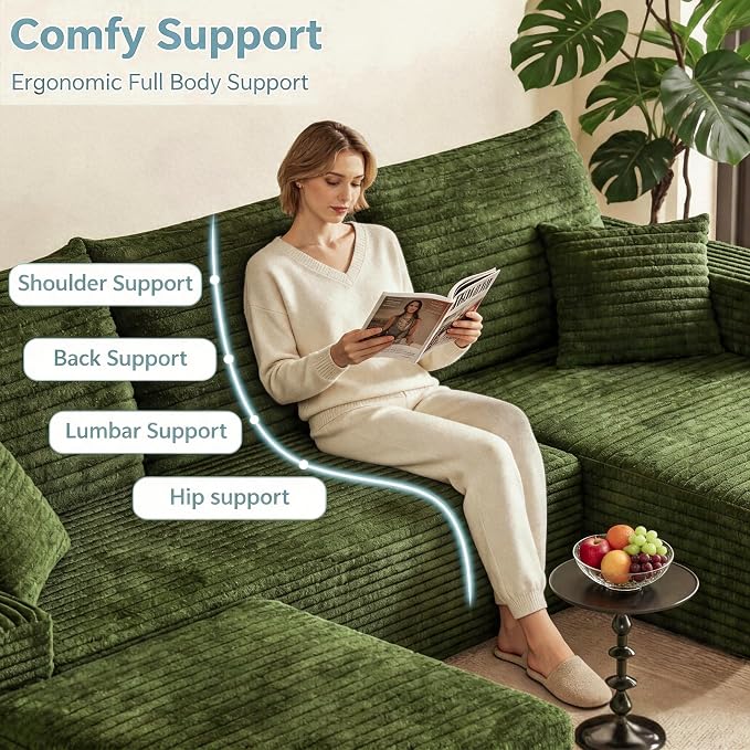 JINGLING 94" U Shaped Boneless Sectional Couch Set for Living Room, Plush Corduroy Modular Sofa with Ottoman, Small Space Apartment Couch, No Assembly, Left Facing Chaise, Green