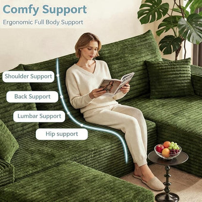 JINGLING 94" U Shaped Boneless Sectional Couch Set for Living Room, Plush Corduroy Modular Sofa with Ottoman, Small Space Apartment Couch, No Assembly, Left Facing Chaise, Green