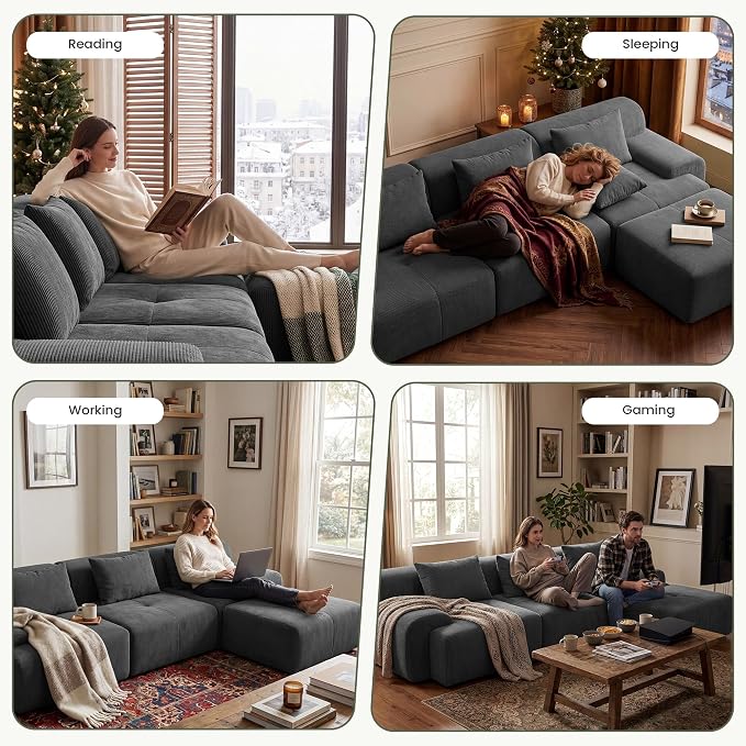 GRUSIGN 118'' Modular Sectional Oversized Boneless Couch, Tufted Cloud Sectional Couches for Living Room, L Shape Deep Seat Sofa with Ottoman & 3 Throw Pillows,Corduroy Couch,Dark Grey