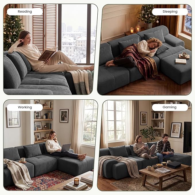 GRUSIGN 108'' Modular Sectional Boneless Couch, Tufted Cloud Sectional Couches for Living Room, L Shape Deep Seat Sofa with Ottoman & 3 Throw Pillows,Corduroy Oversized Couch,Dark Grey | Sectional