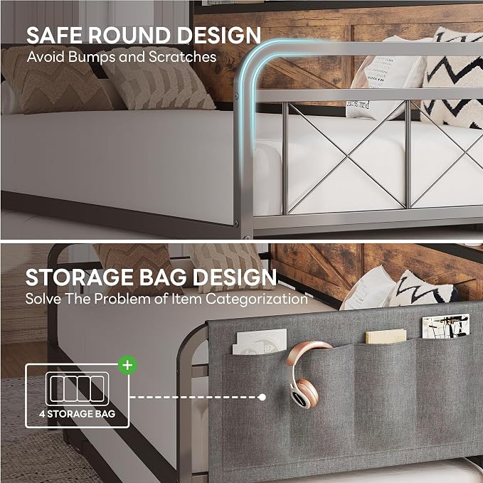LIKIMIO Twin Daybed, Daybeds with Pop Up Trundle, Storage Headboard with Charging Station, Strong Supports for Apartment and Other Small Space, Industrial Brown