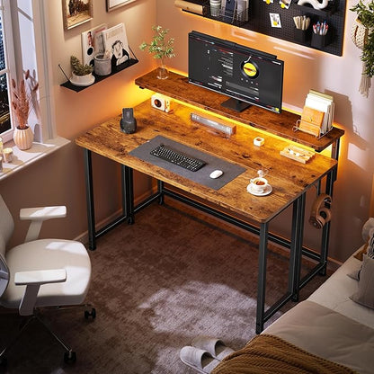 DurayLoly Computer Desk with RGB Light for Small Space, 39.4" Small Folding Desk for Space Saving Sofa Table for Couch, Home Office Desk with Monitor Stand, Easy to Fold with Hooks, Brown