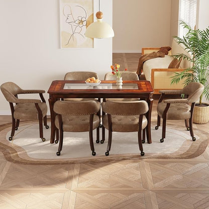 LEEMTORIG Set of 6 Large Dining Chairs with Casters and Arms, Rolling Dining Chairs with Wheels, Accent Game Poker Table Chairs, 26“Dx25.2 Wx31.5“H, Cherry Legs & Yellowish Brown PU SY-1533-PMB06