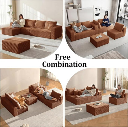 Modular Sectional Sofa, Boneless Compressed Sofa in a Box, U-Shaped Cloud Couch with Deep Seats & Chaise for Living Room, No Assembly Required (Orange, 118" U-Shape with Right Facing Chiase)