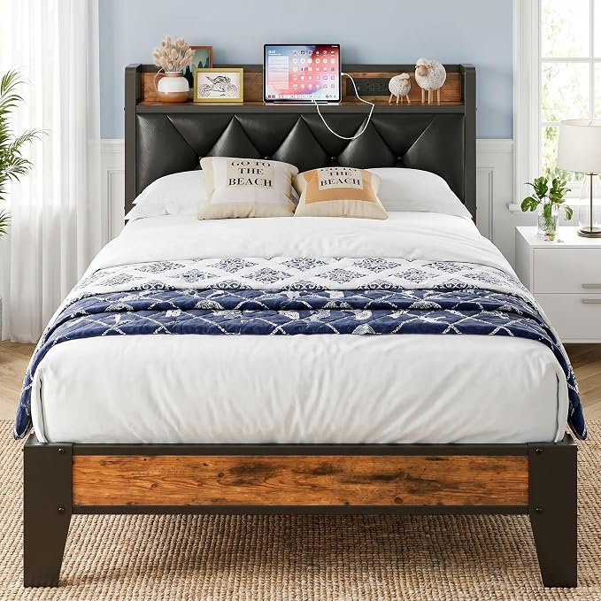 ANCTOR Twin XL Bed Frames, Storage Headboard with Outlets, Easy to Install, Sturdy and Stable, No Noise, No Box Springs Needed, Rustic Brown and Black
