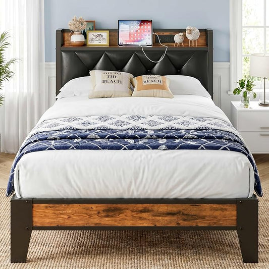 ANCTOR Twin XL Bed Frames, Storage Headboard with Outlets, Easy to Install, Sturdy and Stable, No Noise, No Box Springs Needed, Rustic Brown and Black