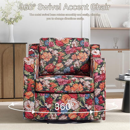 Swivel Accent Chairs Set of 2, 360° Swivel Upholstered Club Armchairs for Living Room, Comfy Fabric Single Sofa Reading Chair with Deep Seat, Metal Swivel Base, Black Floral