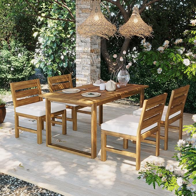 Quarte Premium 4-Piece Farmhouse Outdoor Dining Set in Solid Acacia Wood with Comfort Cushions and Adjustable Legs for Patio, Garden, Backyard (Beige+Natural5)