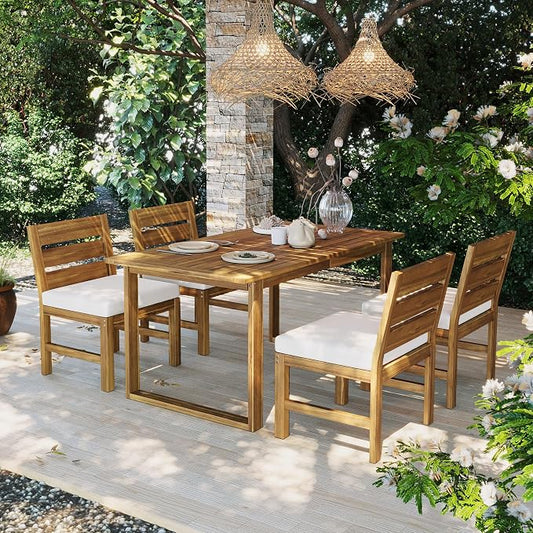 Quarte Premium 4-Piece Farmhouse Outdoor Dining Set in Solid Acacia Wood with Comfort Cushions and Adjustable Legs for Patio, Garden, Backyard (Beige+Natural5)