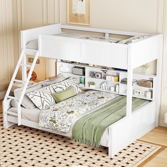 Wood Bunk Bed Twin XL Over Queen Size with Built-in Storage Cabinets and USB Ports, Versatile Bunk Bed Frame with Ladder and Guardrail for Kids Teens Adult, Maximize Space (White-T-Q)