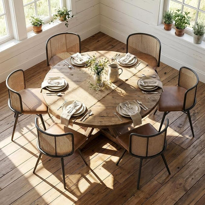 TYBOATLE Farmhouse Rattan Dining Chairs Set of 2 (Brown) | Boho, Natural Cane Woven Back, Faux Leather Seat, Metal Legs, Upholstered, Kitchen, Dining Room