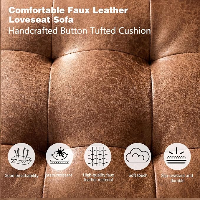 70" Mid-Century Modern Faux Leather Sofa, Comfortable Button Tufted Loveseat Couch with Bolster Pillows & Solid Wood Legs for Living Room, Apartment, Office, 1100lbs Capacity, Brown