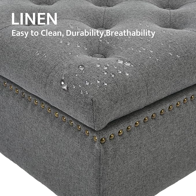 Large Square Storage Ottoman Uphlostered Tufted Button Coffee Table, Oversized Footrest Bench with Castered Rolling Wheels for Living Room, Dark Grey Linen Waterproof