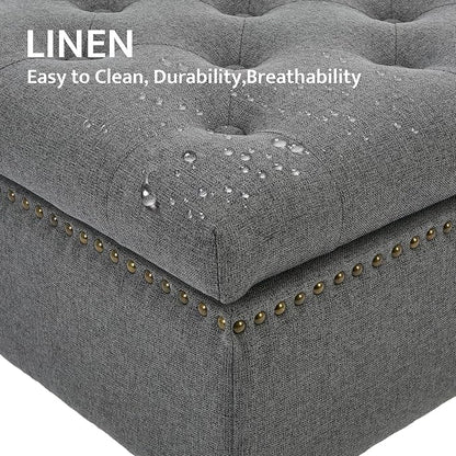 Large Square Storage Ottoman Uphlostered Tufted Button Coffee Table, Oversized Footrest Bench with Castered Rolling Wheels for Living Room, Dark Grey Linen Waterproof