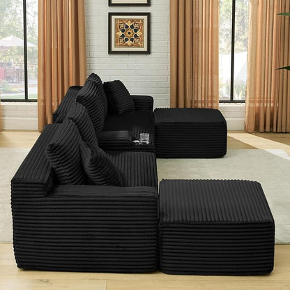 127" U-Shaped Cloud Sectional Couch Oversized Modular Compressed Boneless Sectional Sofa with Ottoman Chaise Lounges & Console, Plush Corduroy Boneless Symmetrical Sofa