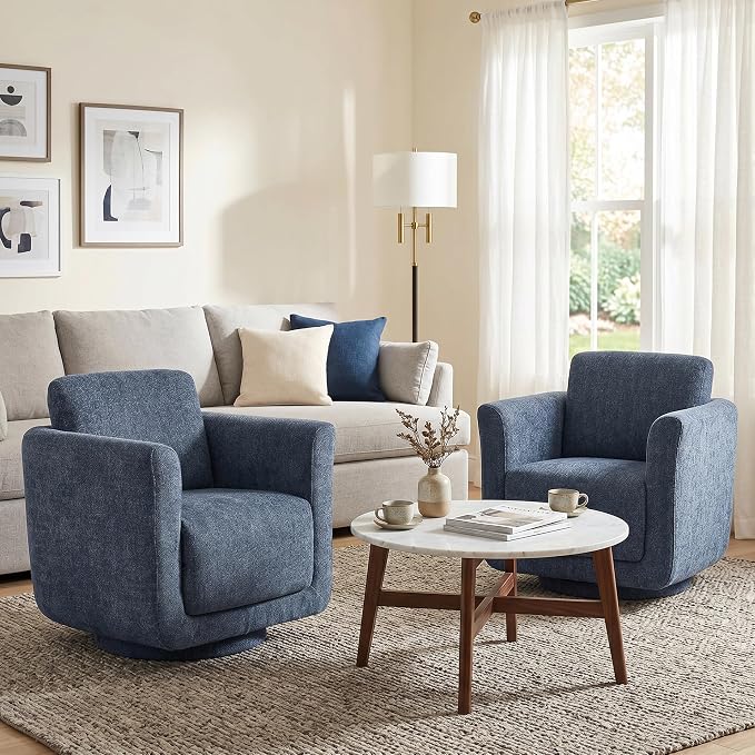 Swivel Accent Chairs Set of 2, Fully Assembled Barrel Chairs, Accent Chairs with Solid Wood Frame & Ergonomic Cushion, 360° Chenille Armchairs for Living Room & Bedroom, Blueberry Blue
