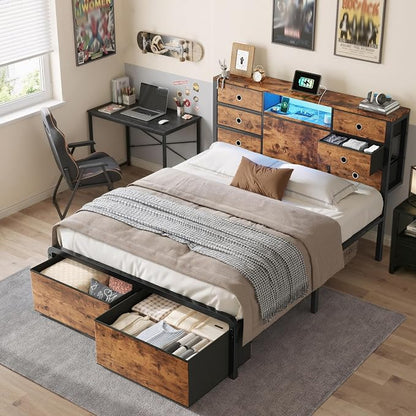 Homkdom Full Size Bed Frame with 8 Fabric Drawers Storage, LED Lights & Charging Station, Metal Platform Bed Frame with Headboard Storage Providing Noise-Free and Easy Assembly,Modern Brown