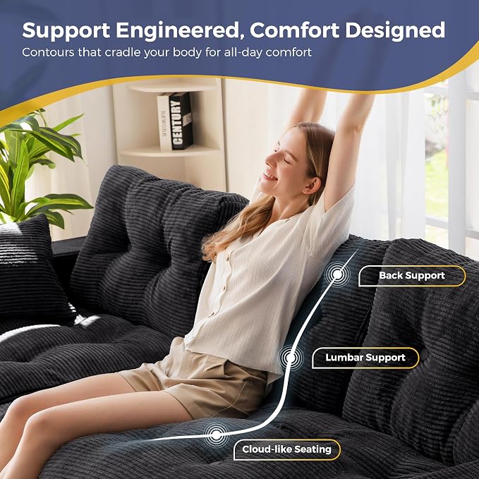 MAXYOYO 104" L Shaped Modular Sectional Sofa with Ottoman, Cloud Boneless Couch with Layered Cushion, Upholstered Sofa Flexible Module Combination for Living Room, No Assembly, Black