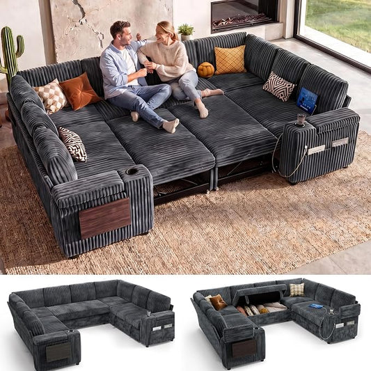 WEUP 111" Modular Sectional Sleeper Sofa with Pull Out Bed, 8 Seat Plush Corduroy U Shaped Couch with USB Ports|Cup Holders|Side Table|Storage Chaise Armrests Tool Free Assembly, Grey