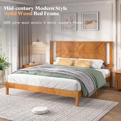 AMERLIFE Solid Wood King Size Bed Frame with Headboard, Mid Century Modern Style Platform Bed with Under-Bed Storage, No Box Spring Needed, Noise Free, Easy Assembly, Light Brown