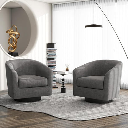 Swivel Barrel Accent Chair, Modern Round Linen Arm Chair for Living Room, Bedroom, Comfy Club Reading Chairs for Adults（Linen Fabric, Grey, Set of 1
