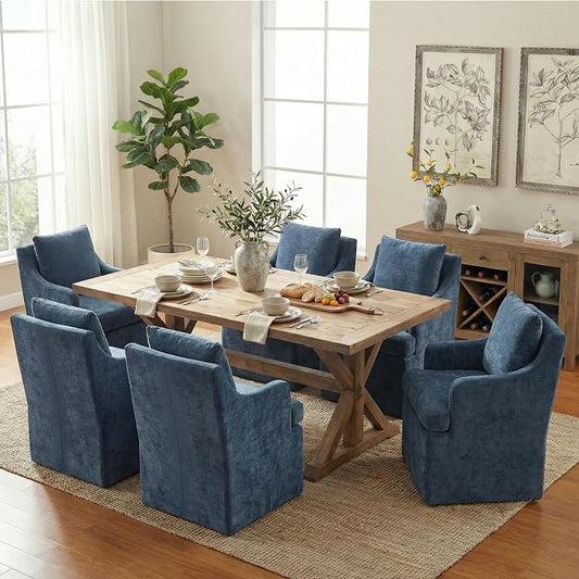 VKNOW Upholstered Dining Chairs Set of 6, Modern Kitchen Chairs Dinner Chairs with 4 Casters, Chenille Armchair for Bedroom Reading Room Living Room, Blue