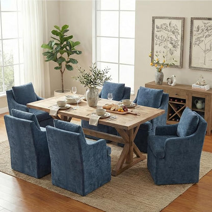 VKNOW Upholstered Dining Chairs Set of 4, Linen Kitchen Chair Dinner Chair with 4 Casters, Chenille Armchair for Bedroom Reading Room Living Room, Blue
