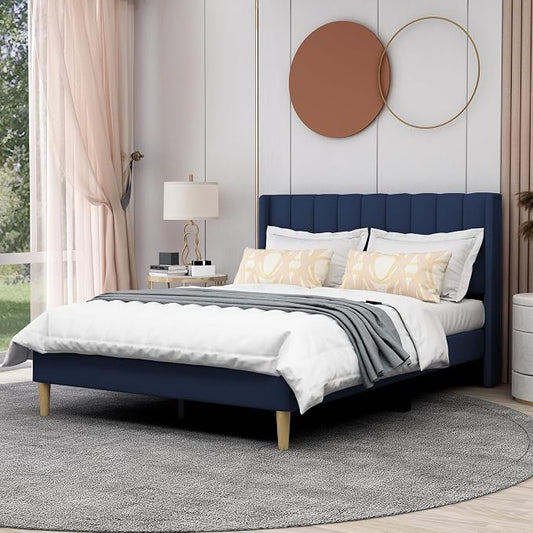 AGARTT Upholstered Platform Bed Frame Full Size with Headboard and Footboard/Wooden Slats Support/No Box Spring Needed/Easy Assembly,Blue Velvet