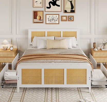 IDEALHOUSE Rattan Bed Frame with Storage Drawers, Boho King Size Led Bed Frame with Strong Metal Slats Support, No Box Spring Needed, Noise-Free Design, White