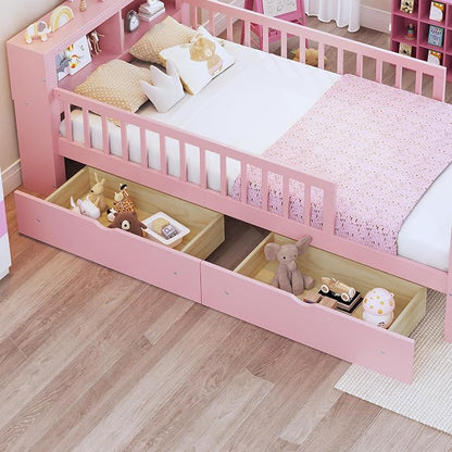 Kids Twin Size Bed Frame with Storage Drawers and Bookcase,Wood Twin Bed Frames for Kids,Twin Bed Frame with Headboard and Footboard for Boys Girls,No Box Spring Needed,Pink